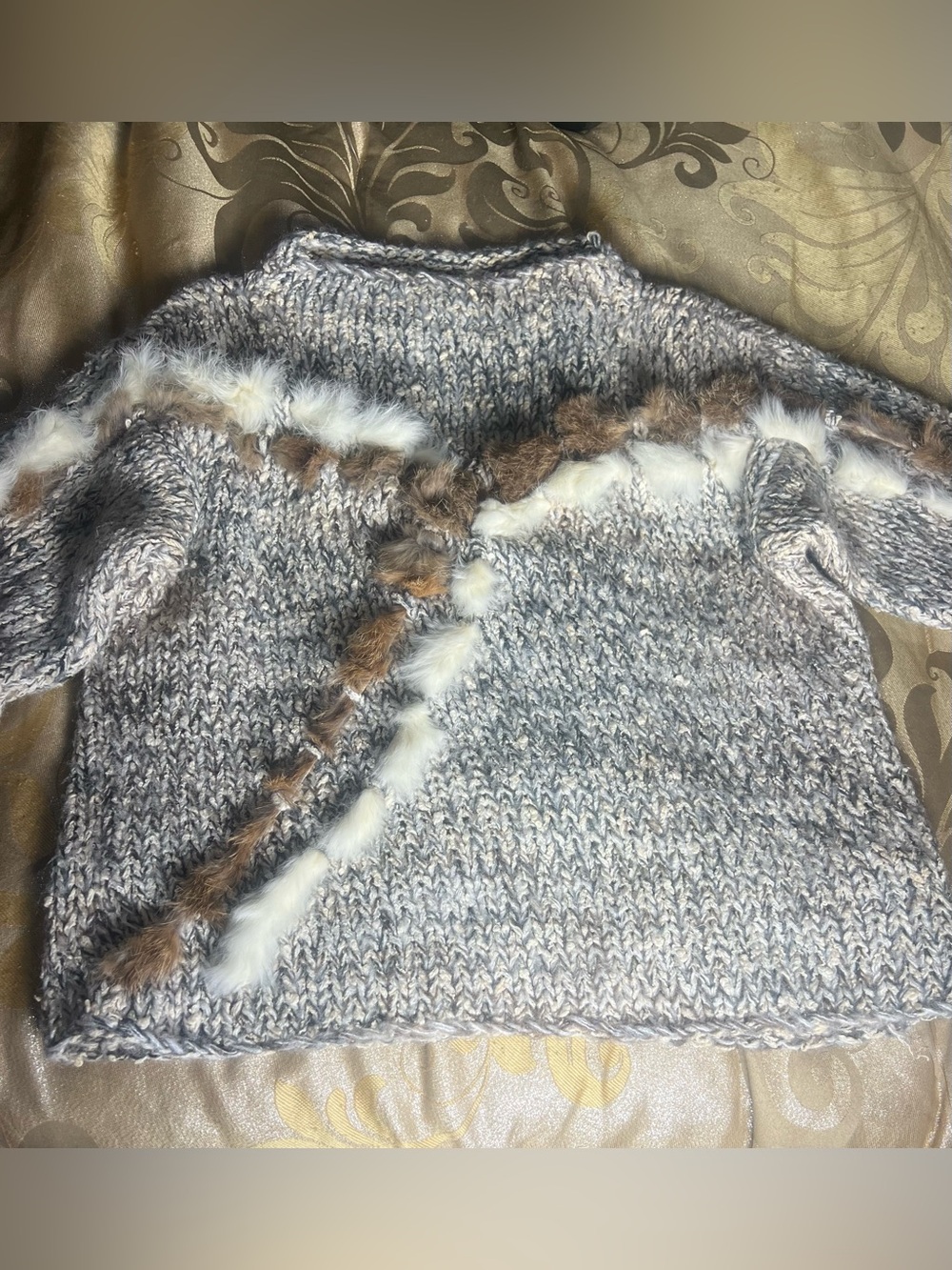 Vintage 80s Mariea Kim Real Fur Embellished Chunky Knit Sweater Size L